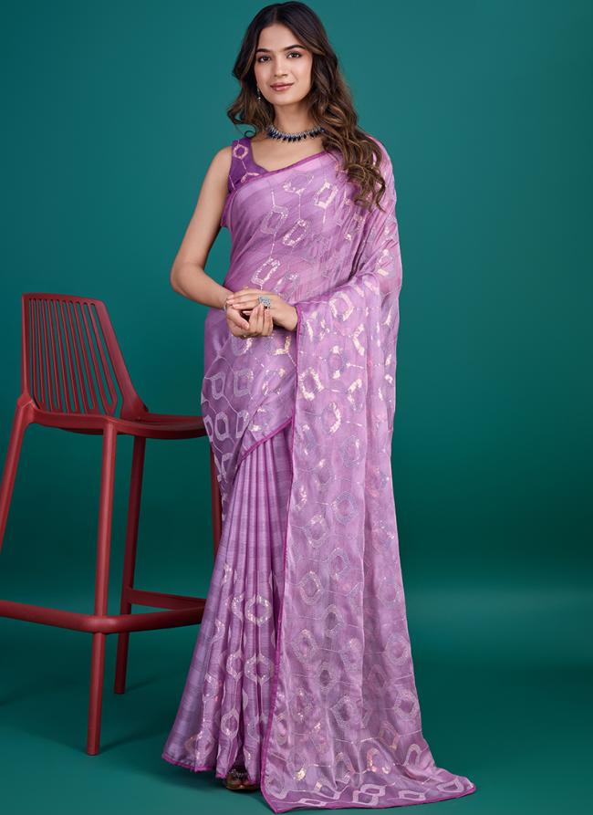 Glass Zari Purple Party Wear Sequins Work Saree